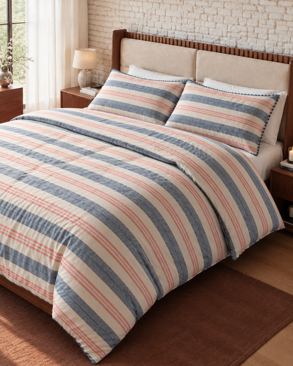 Shell Stitch Stripe Washed Cotton Duvet Cover Set in Mist Blue, made bed seen from above