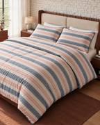 Shell Stitch Stripe Washed Cotton Duvet Cover Set in Mist Blue, made bed seen from above