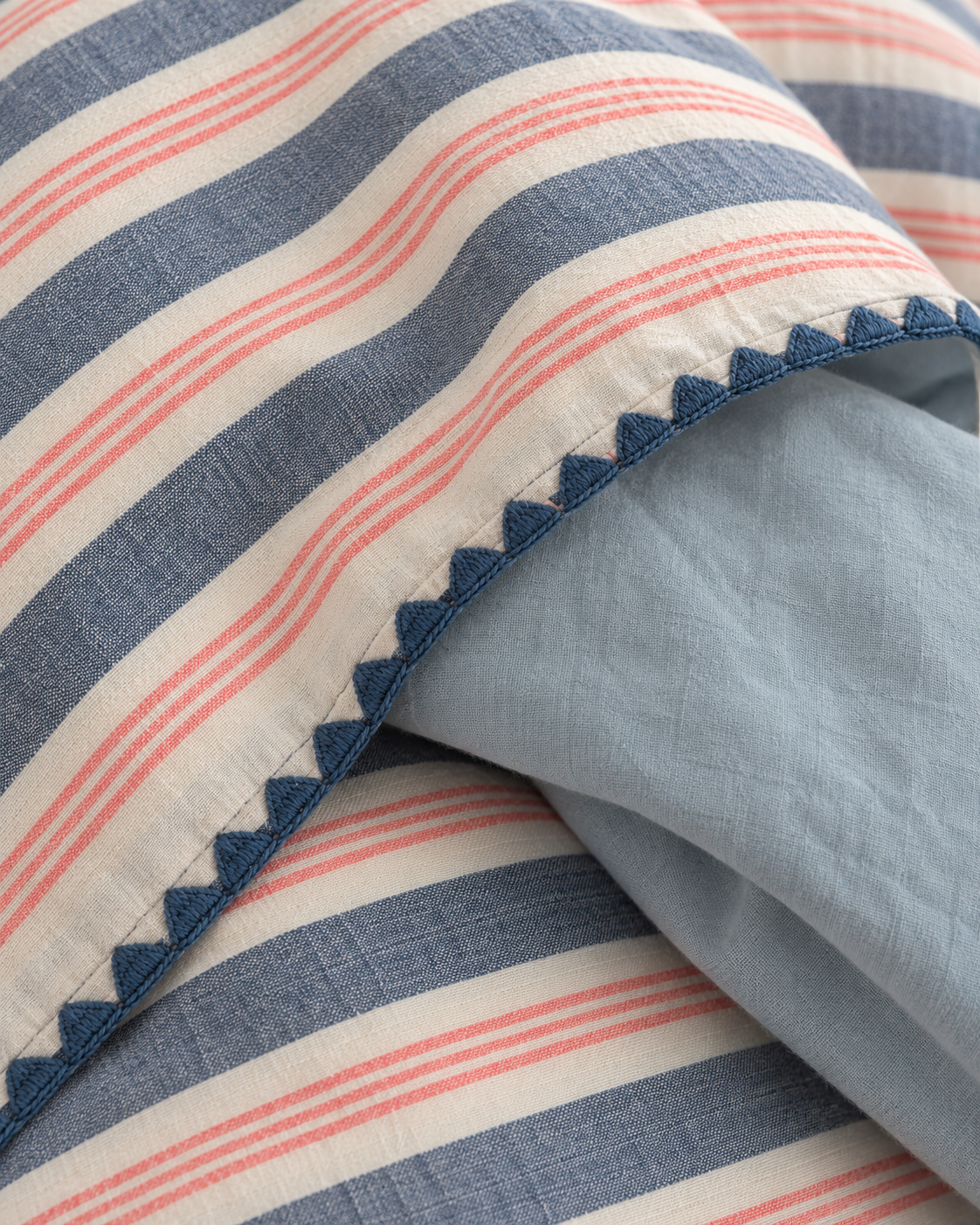 Shell Stitch Stripe Washed Cotton Duvet Cover Set in Mist Blue, sham corner and seam