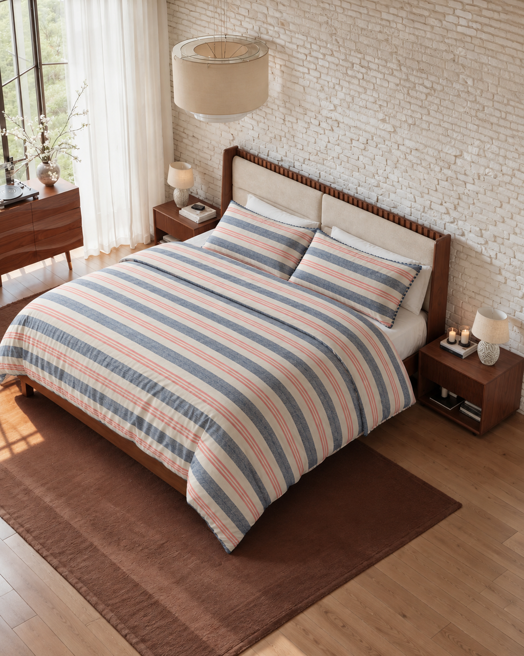 Shell Stitch Stripe Washed Cotton Duvet Cover Set in Mist Blue, bedroom view
