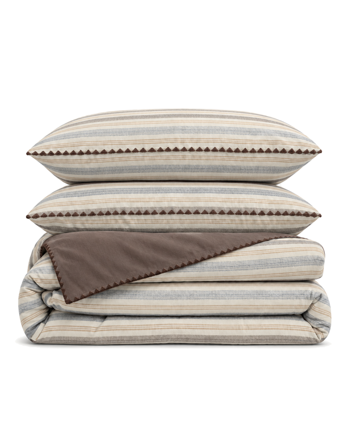 Shell Stitch Stripe Washed Cotton Duvet Cover Set in Mocha, folded with its shams