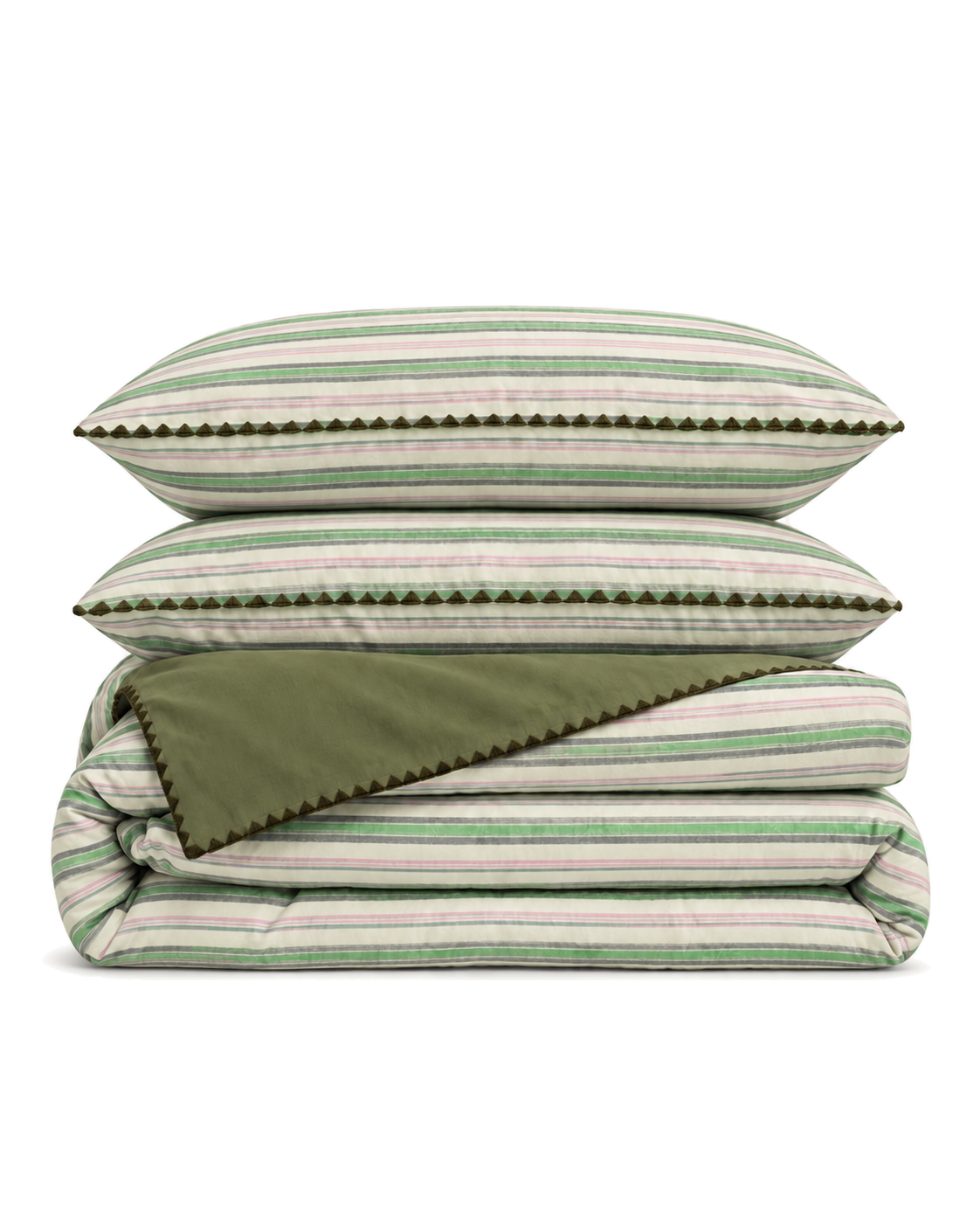 Shell Stitch Stripe Washed Cotton Duvet Cover Set in Olive, folded with its shams