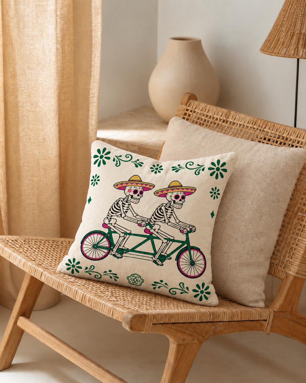 Skeleton Tandem Cotton Velvet Pillow Cover, on a rattan armchair
