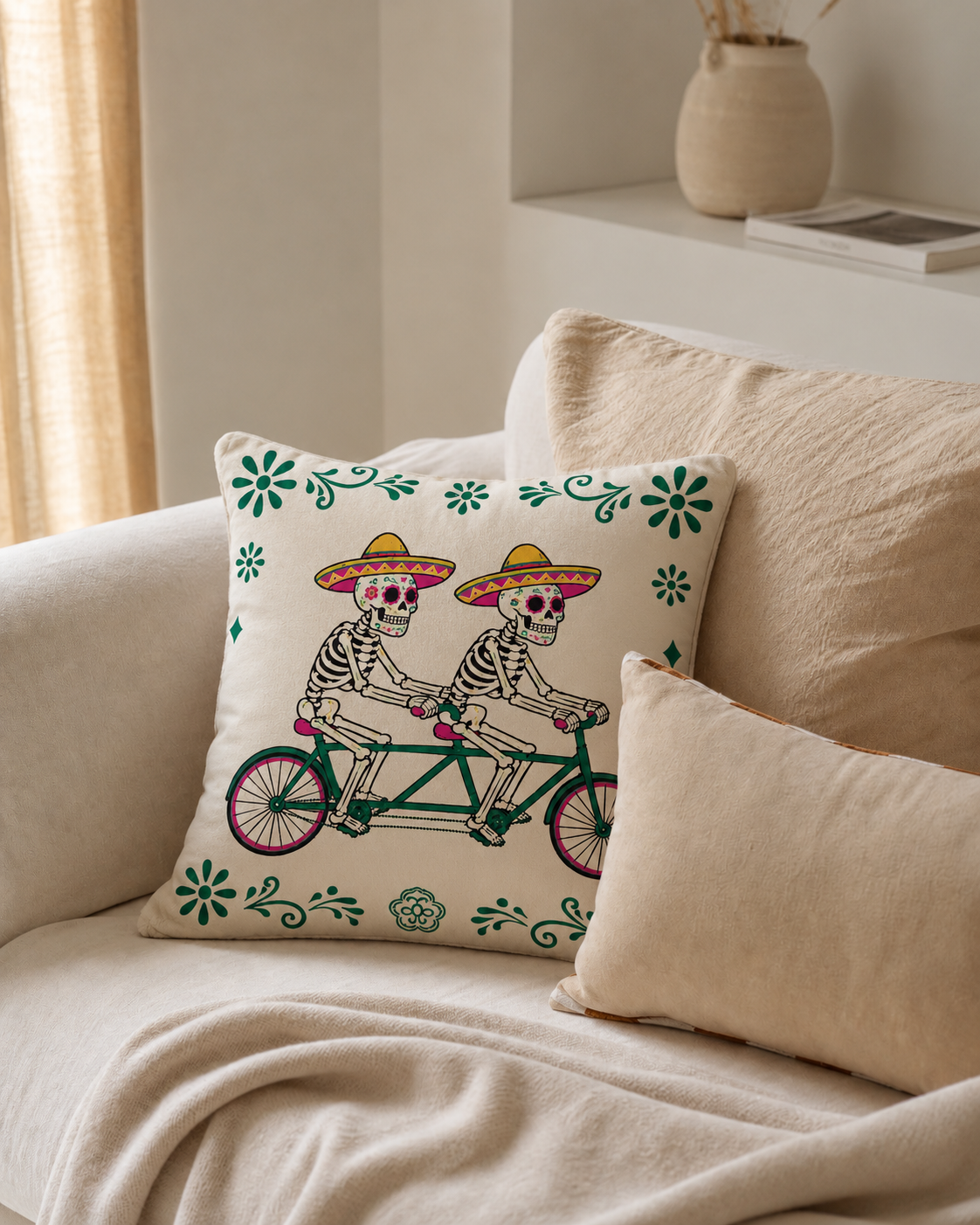 Skeleton Tandem Cotton Velvet Pillow Cover, on a linen sofa