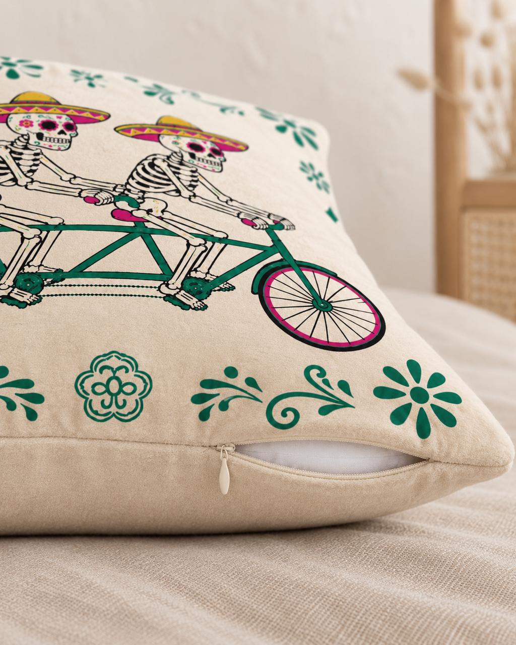 Skeleton Tandem Cotton Velvet Pillow Cover, zipper and edge detail