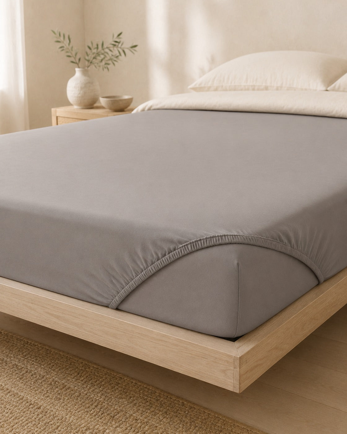 Solid Fitted Sheet — on a made bed, morning light