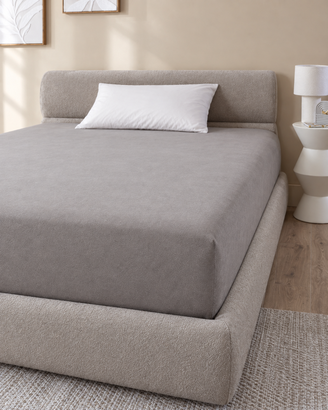 Solid Fitted Sheet, on a made bed in morning light