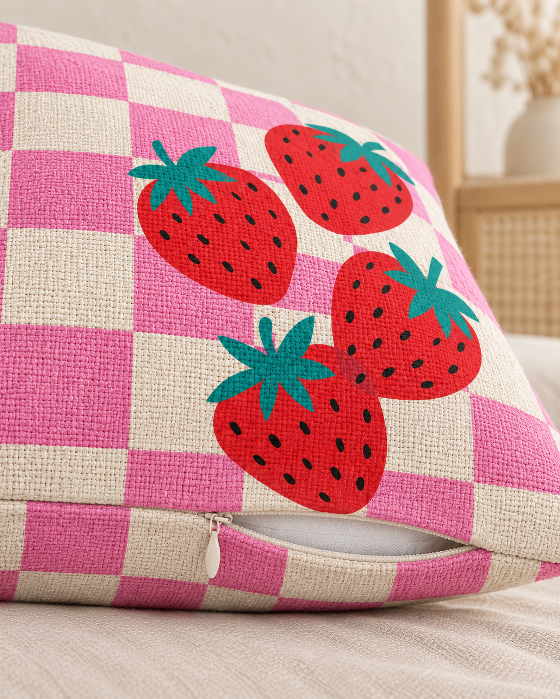 Strawberry Check Cotton-Linen Pillow Cover, zipper and edge detail