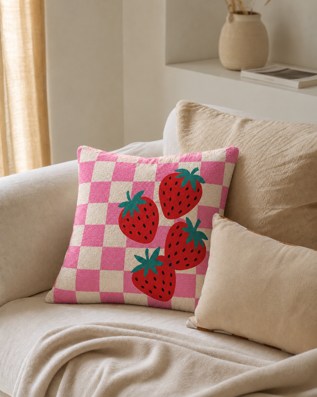 Strawberry Check Cotton-Linen Pillow Cover, on a linen sofa