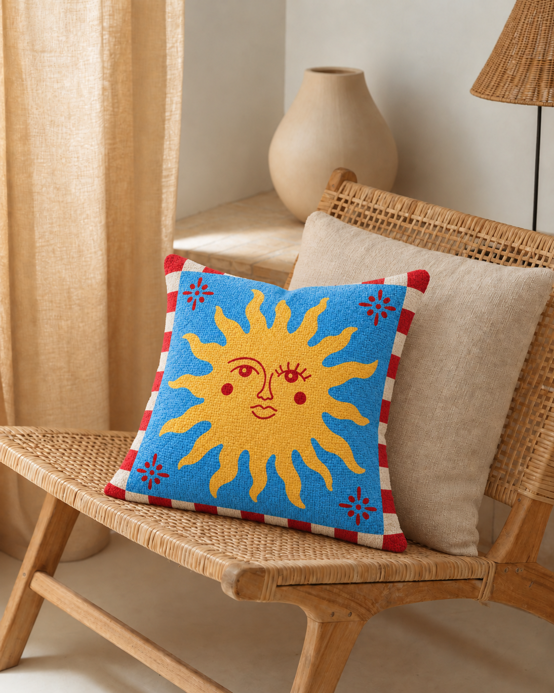 Sun Face Cotton-Linen Pillow Cover, on a rattan armchair