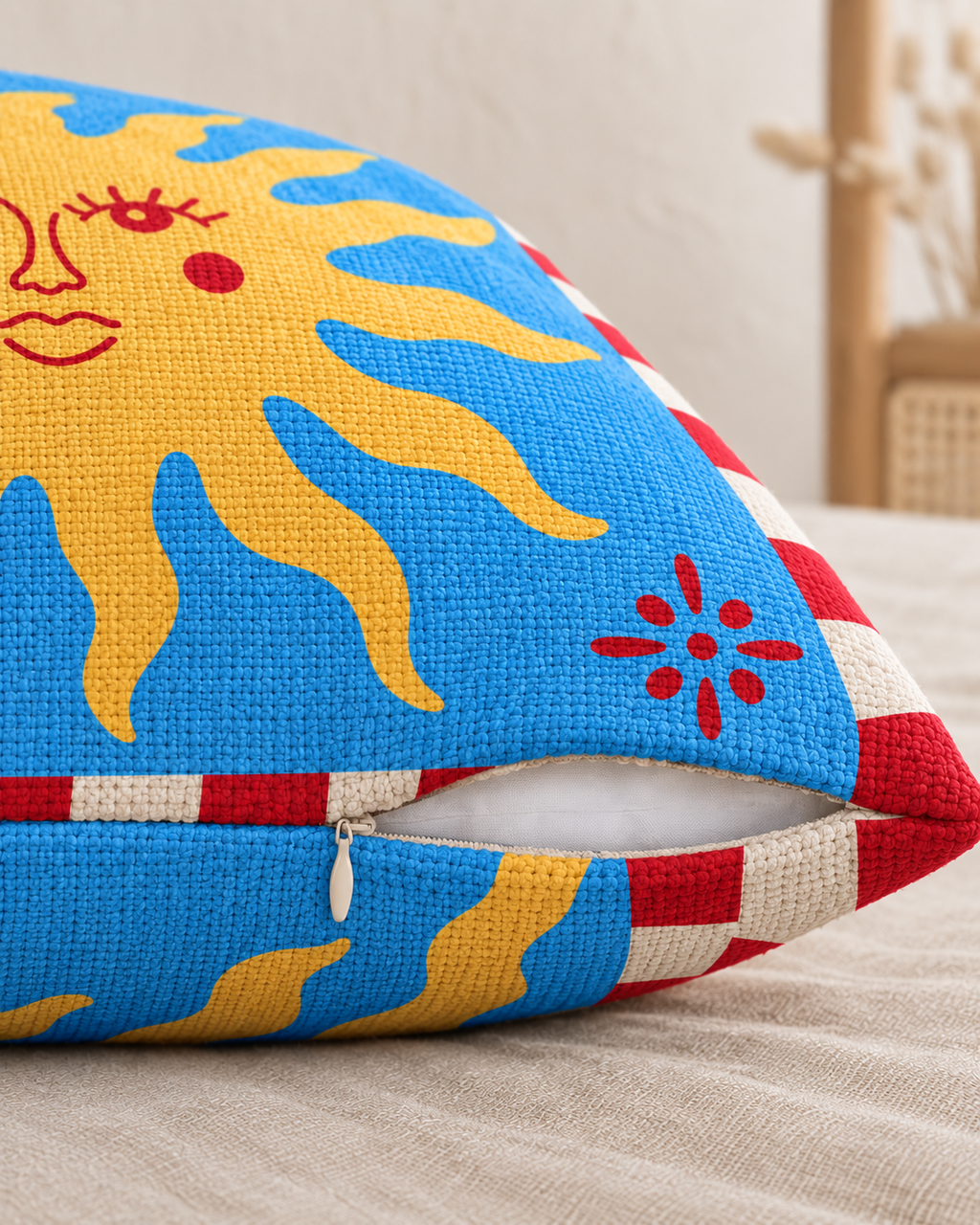 Sun Face Cotton-Linen Pillow Cover, zipper and edge detail