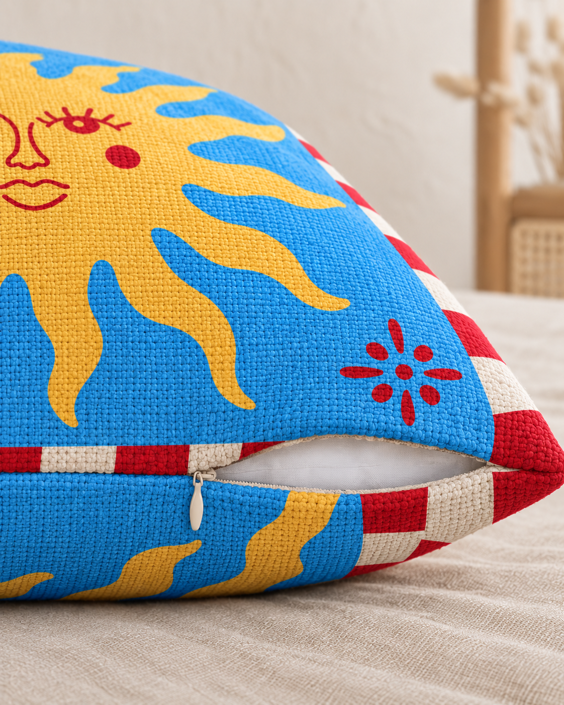 Sun Face Cotton-Linen Pillow Cover, zipper and edge detail