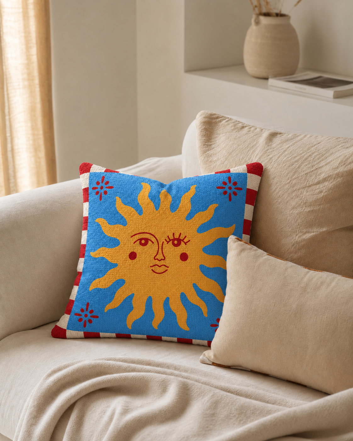 Sun Face Cotton-Linen Pillow Cover, on a linen sofa