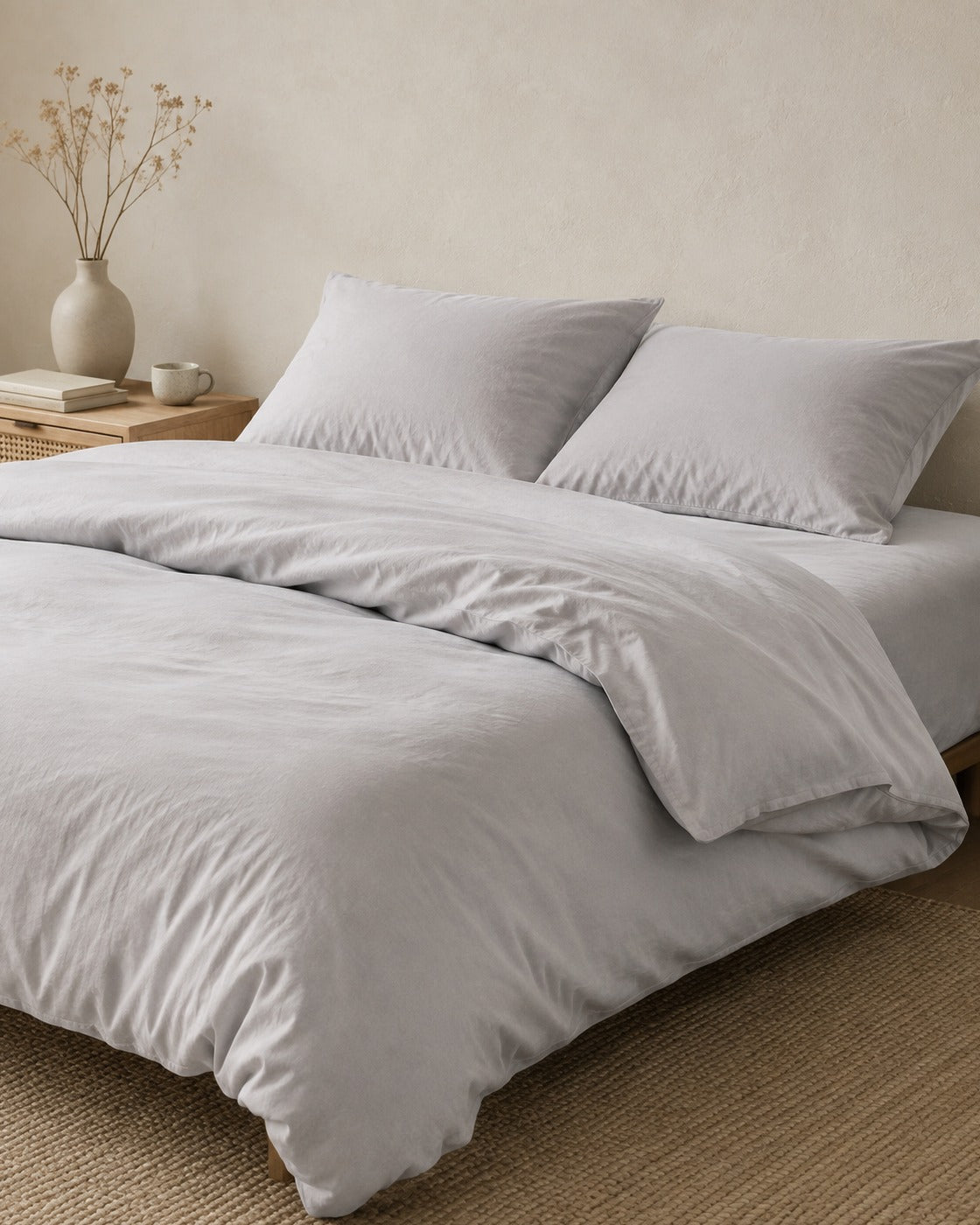 Textured Solid Duvet Set — on a made bed, morning light