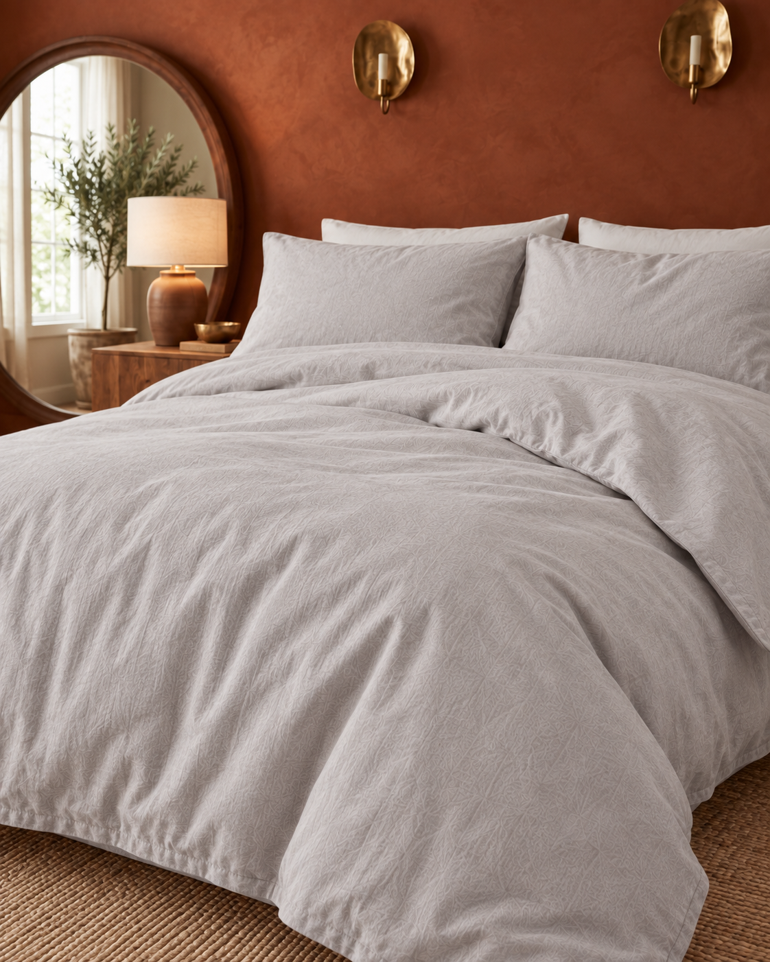 Textured Solid Duvet Set, on a made bed in morning light