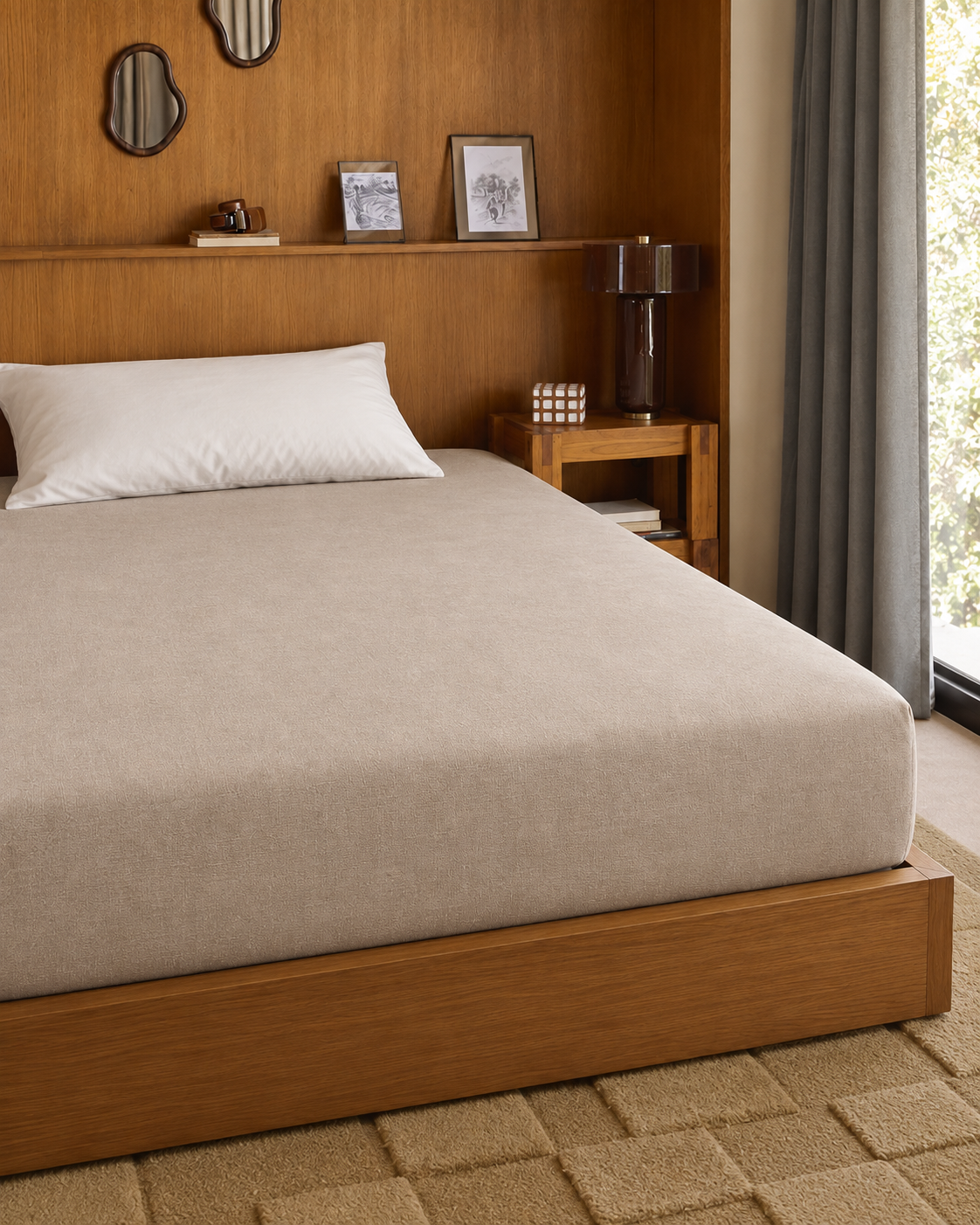 Textured Solid Fitted Sheet, on a made bed in morning light