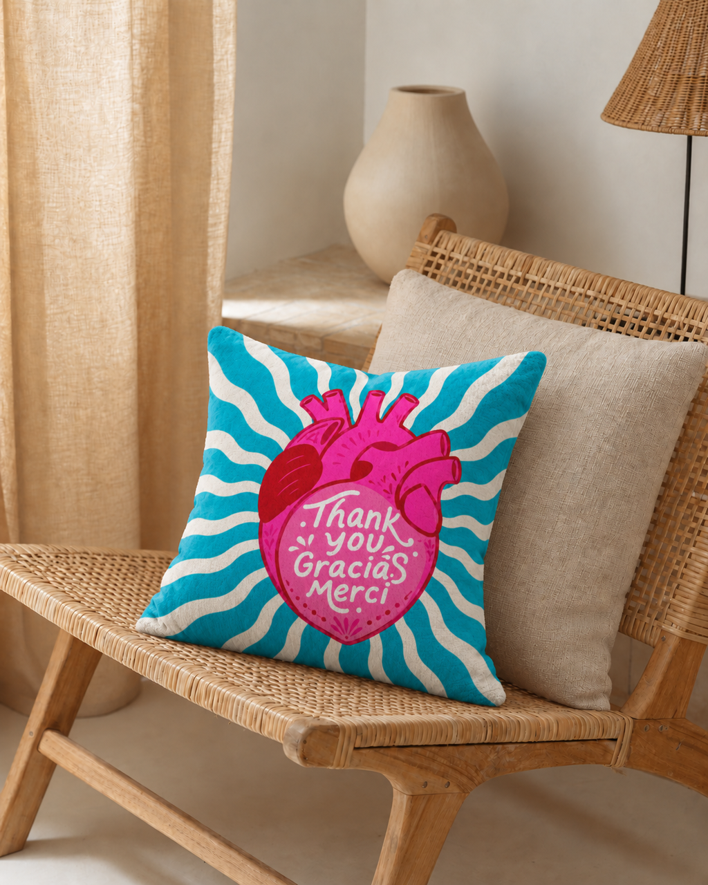 Thank You Heart Cotton Velvet Pillow Cover, on a rattan armchair