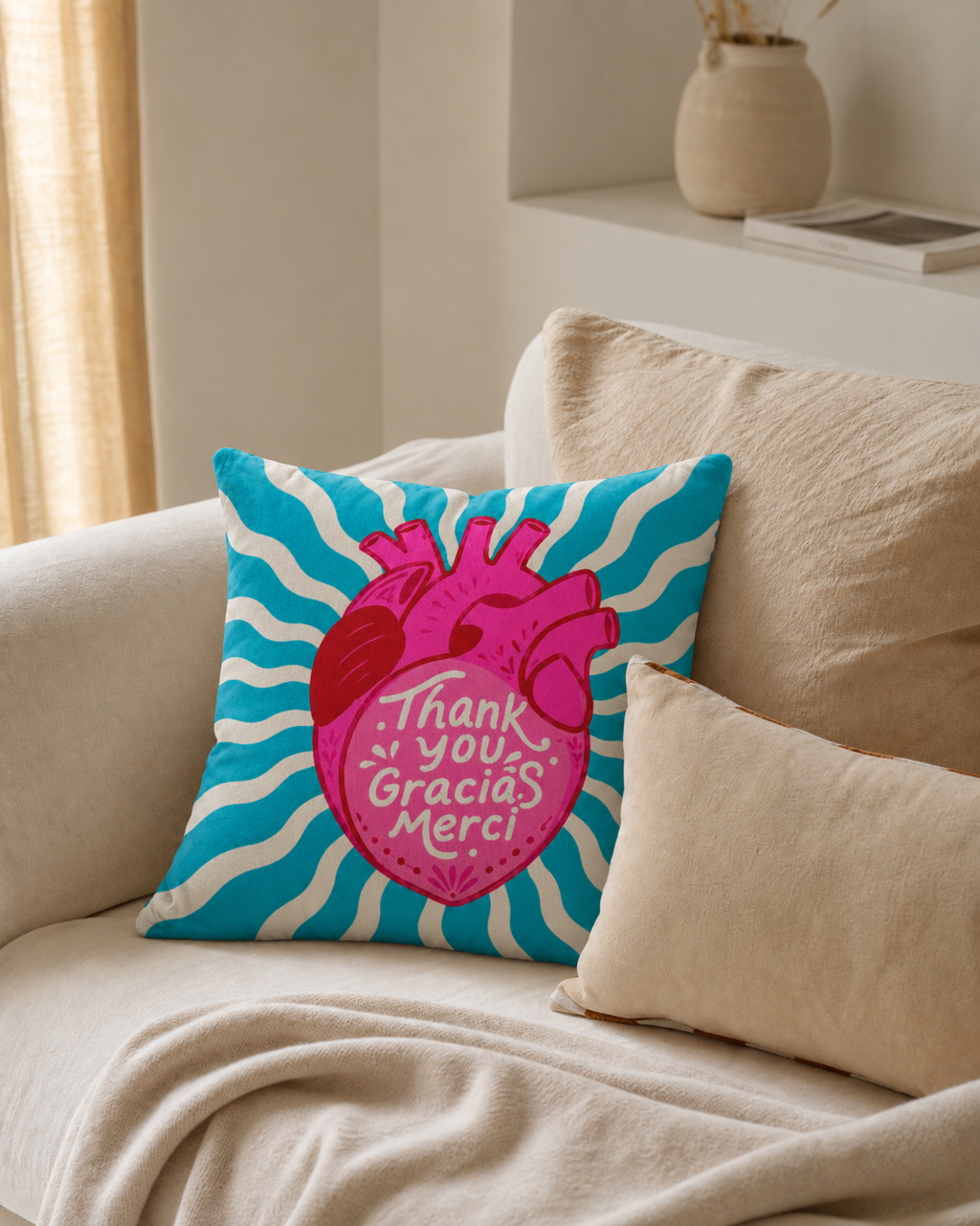 Thank You Heart Cotton Velvet Pillow Cover, on a linen sofa