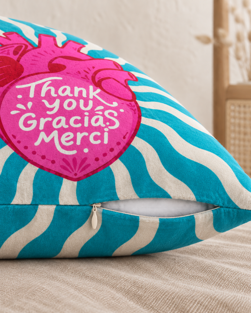 Thank You Heart Cotton Velvet Pillow Cover, zipper and edge detail
