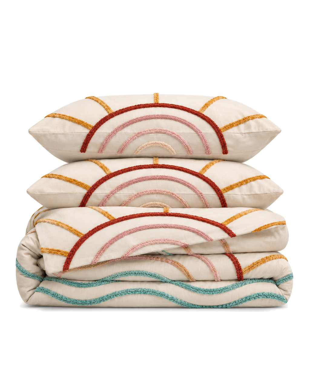 Tufted Sunrise Cotton Duvet Cover Set, folded with its shams