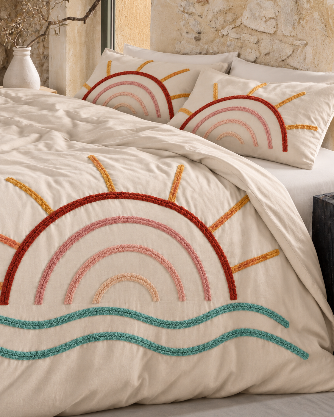 Tufted Sunrise Cotton Duvet Cover Set, made bed seen from above