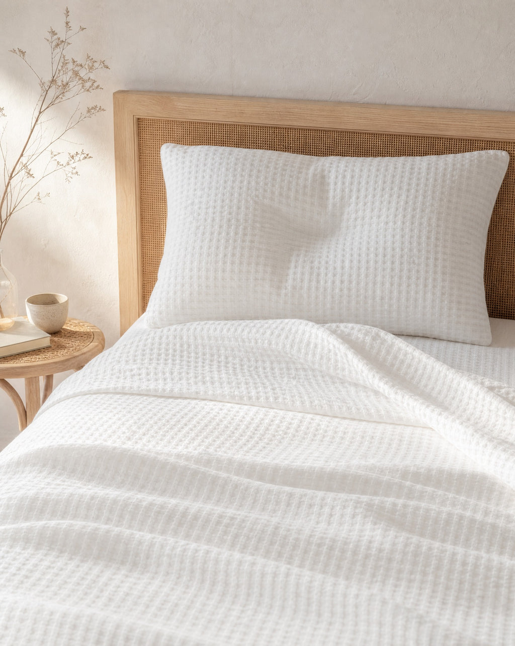 Waffle Cotton Coverlet — on a made bed, morning light