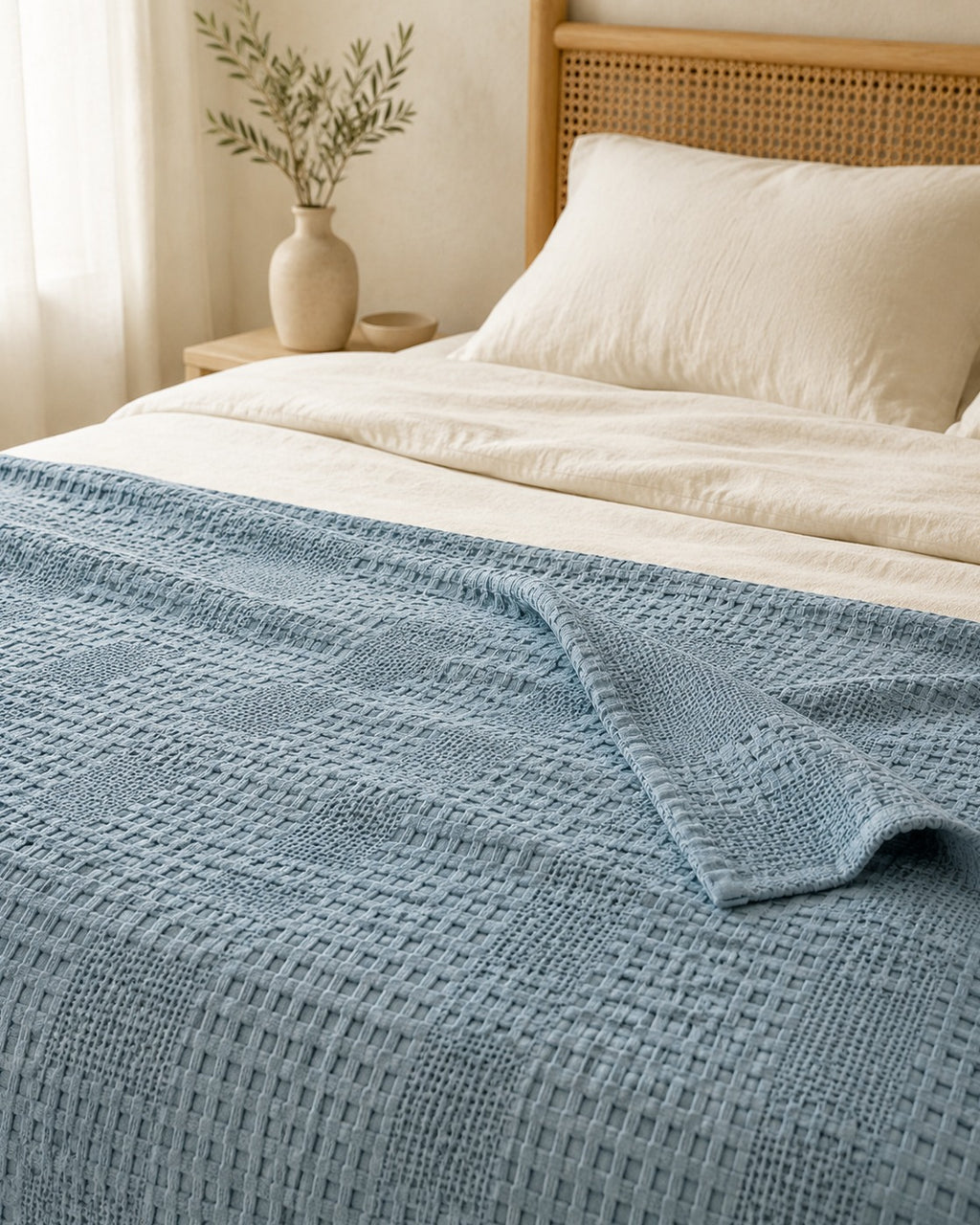 Waffle Knit Throw — on a made bed, morning light