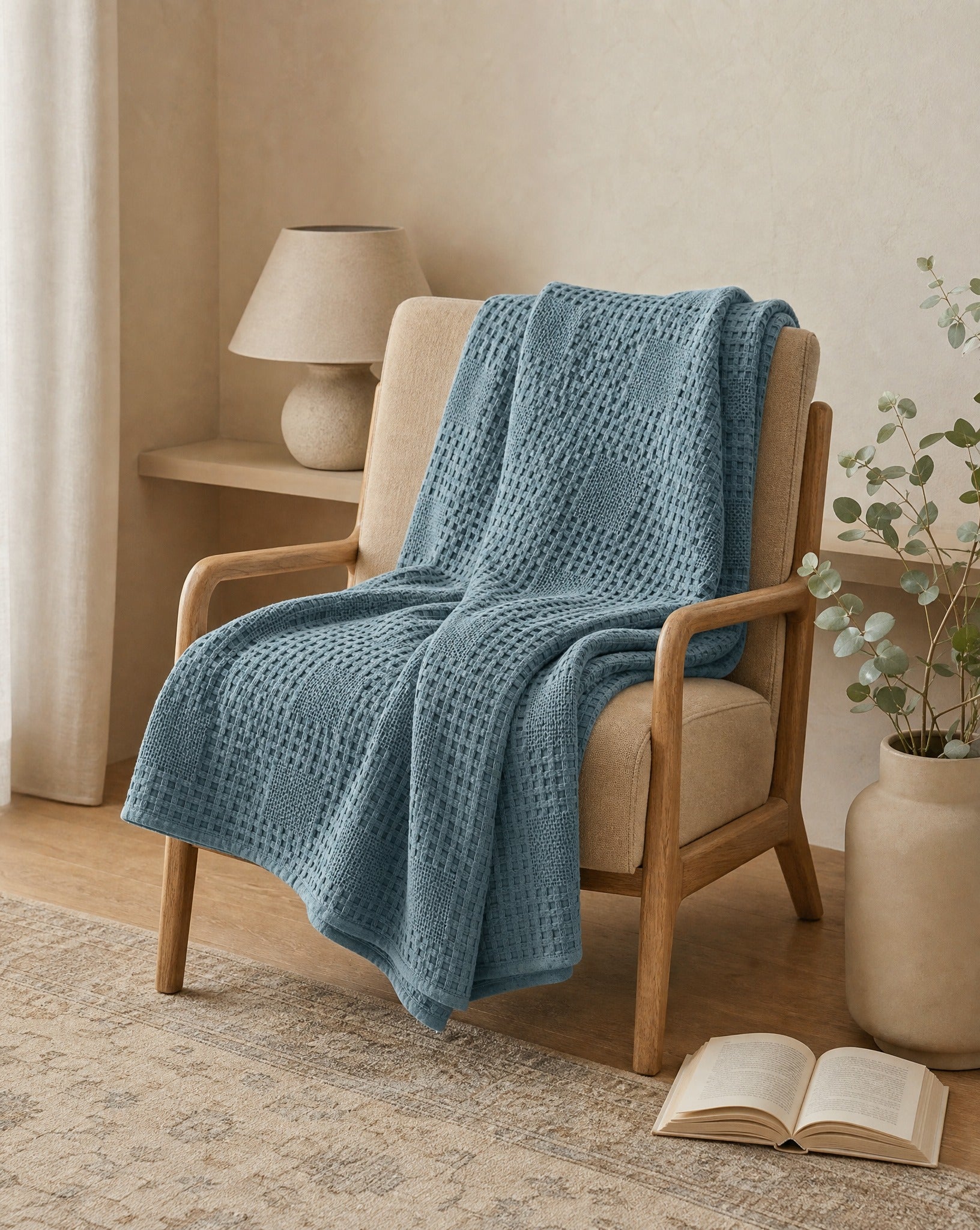 Waffle Knit Throw — draped over a wooden armchair