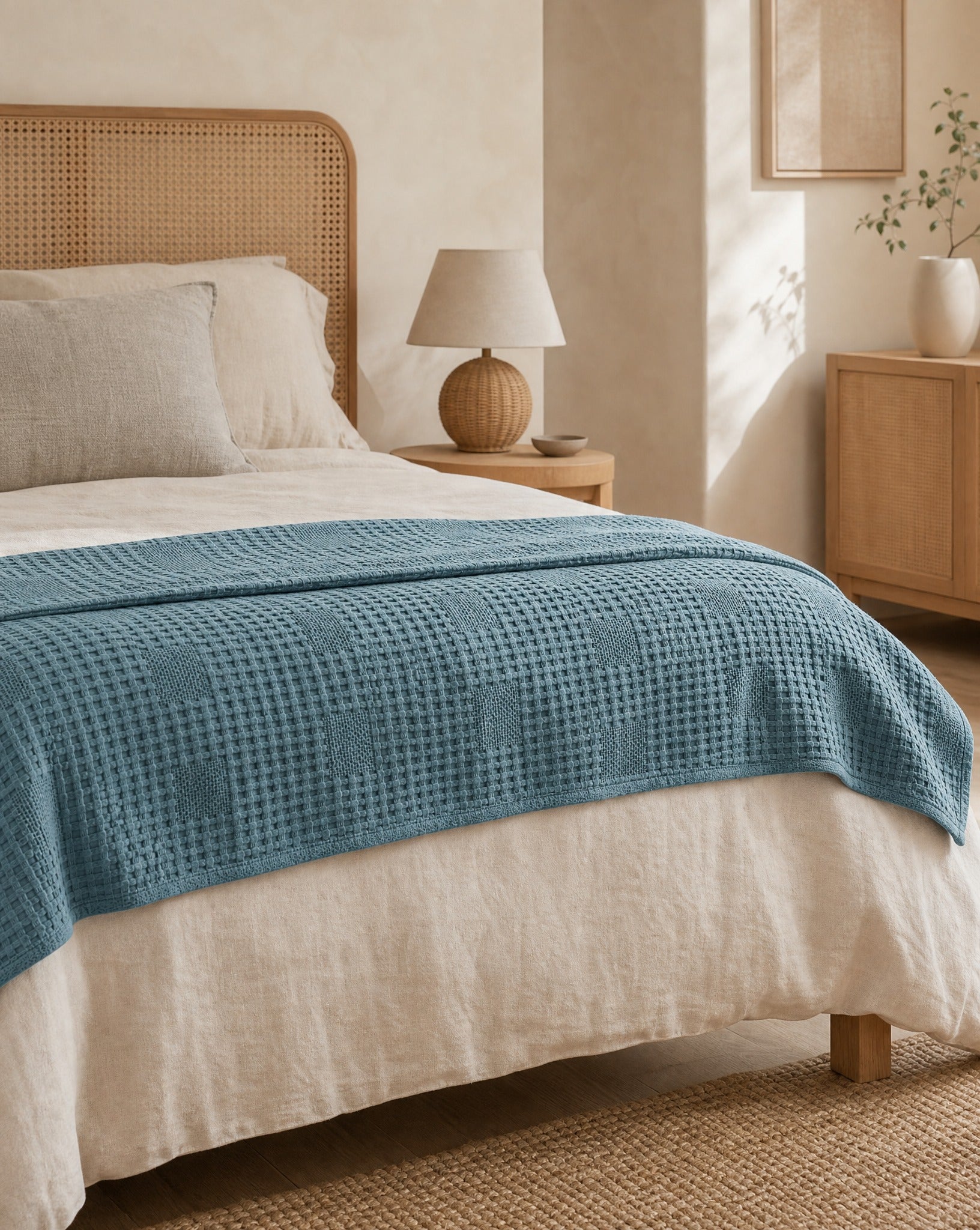 Waffle Knit Throw — folded across the foot of a bed