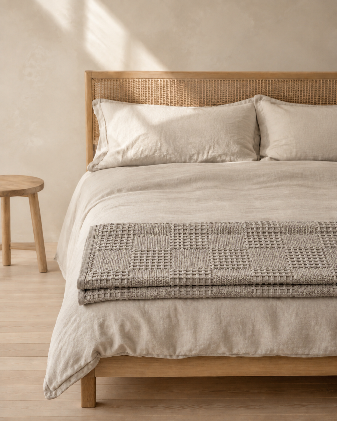 Waffle Knit Throw, folded across the foot of a bed