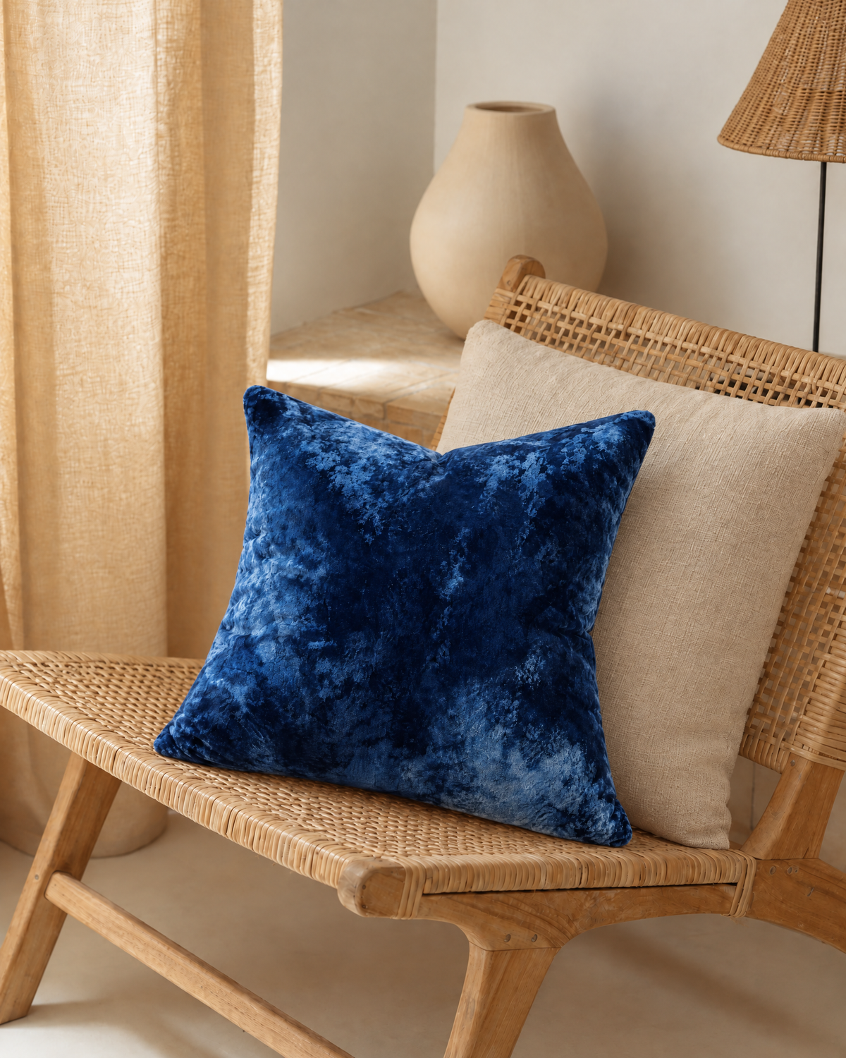 Washed Cotton Velvet Pillow Cover in Navy, on a rattan armchair