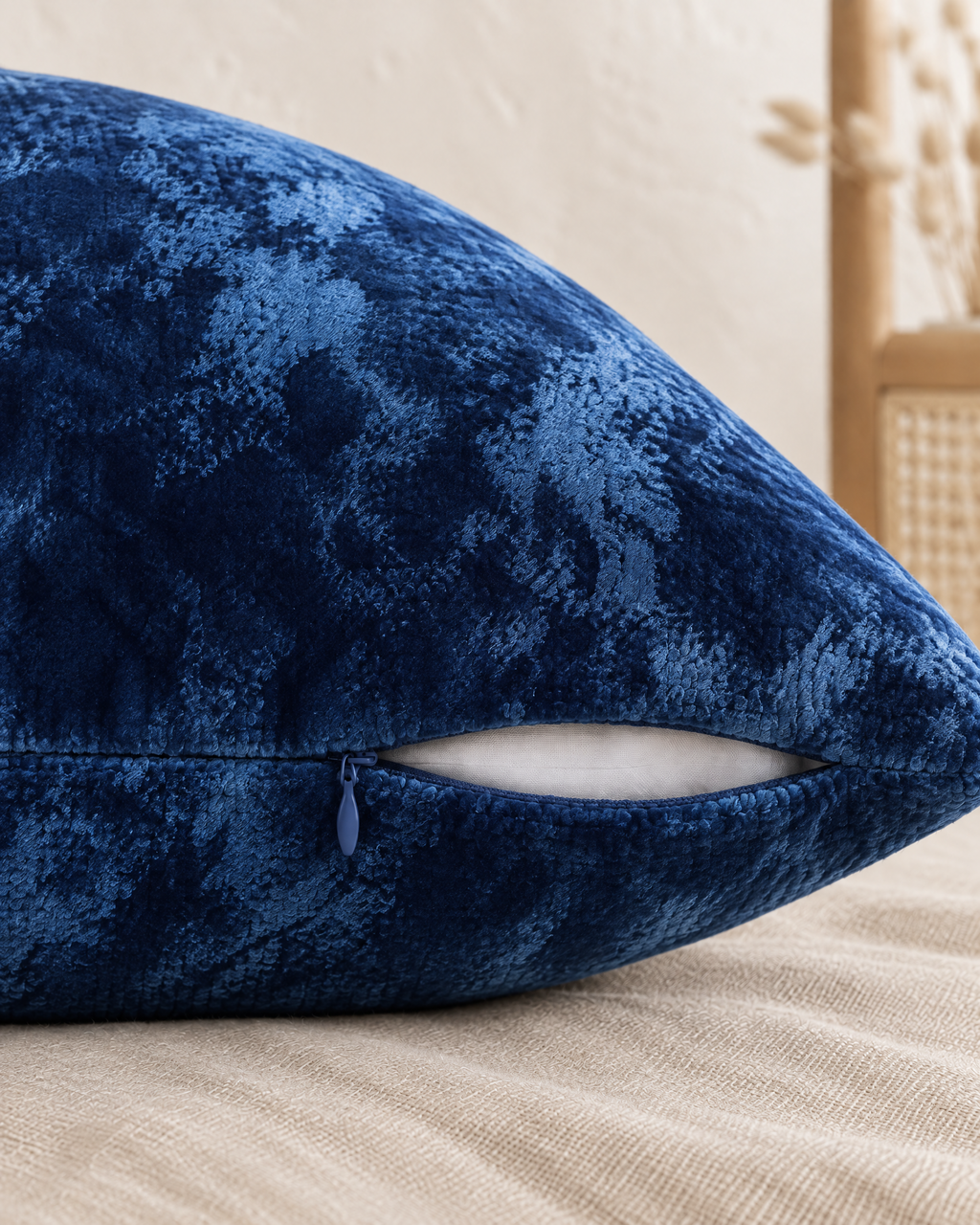 Washed Cotton Velvet Pillow Cover in Navy, zipper and edge detail