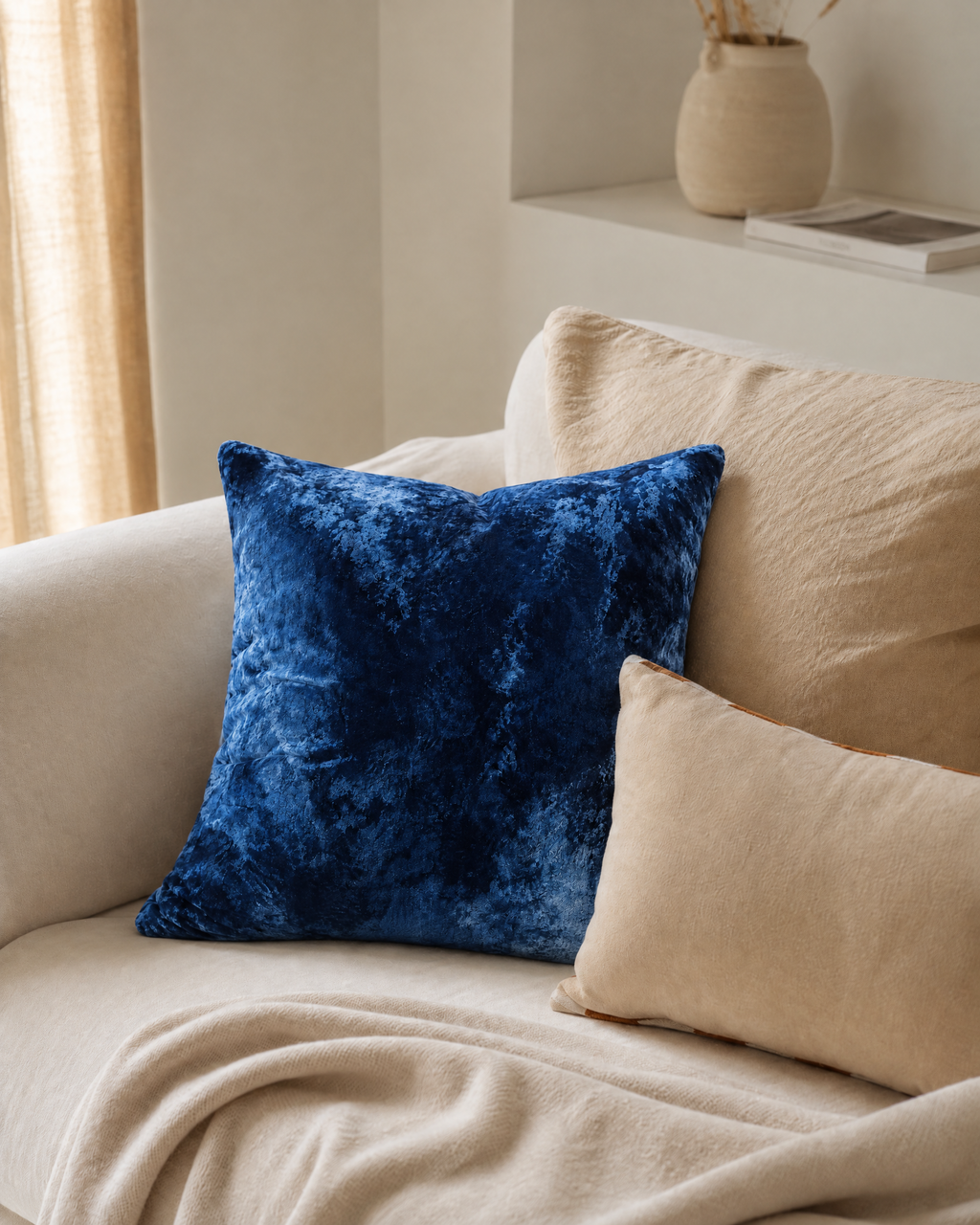 Washed Cotton Velvet Pillow Cover in Navy, on a linen sofa