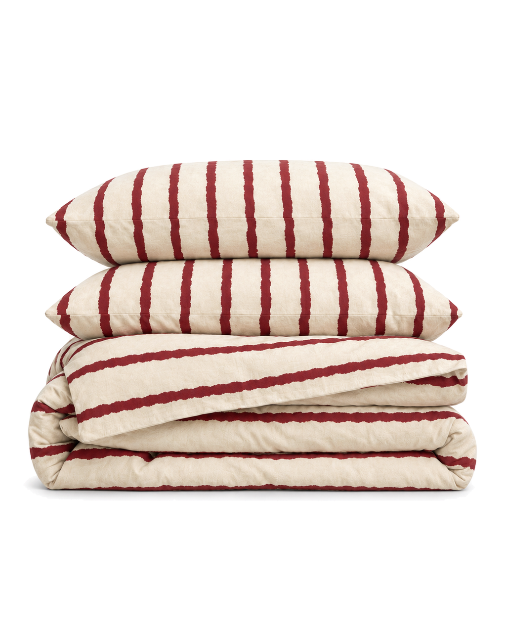 Wavy Stripe Washed Cotton Duvet Cover Set in Cherry, folded with its shams