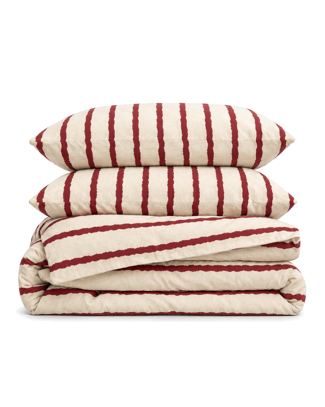 Wavy Stripe Washed Cotton Duvet Cover Set in Cherry, folded with its shams