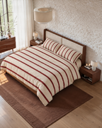 Wavy Stripe Washed Cotton Duvet Cover Set in Cherry, made bed seen from above