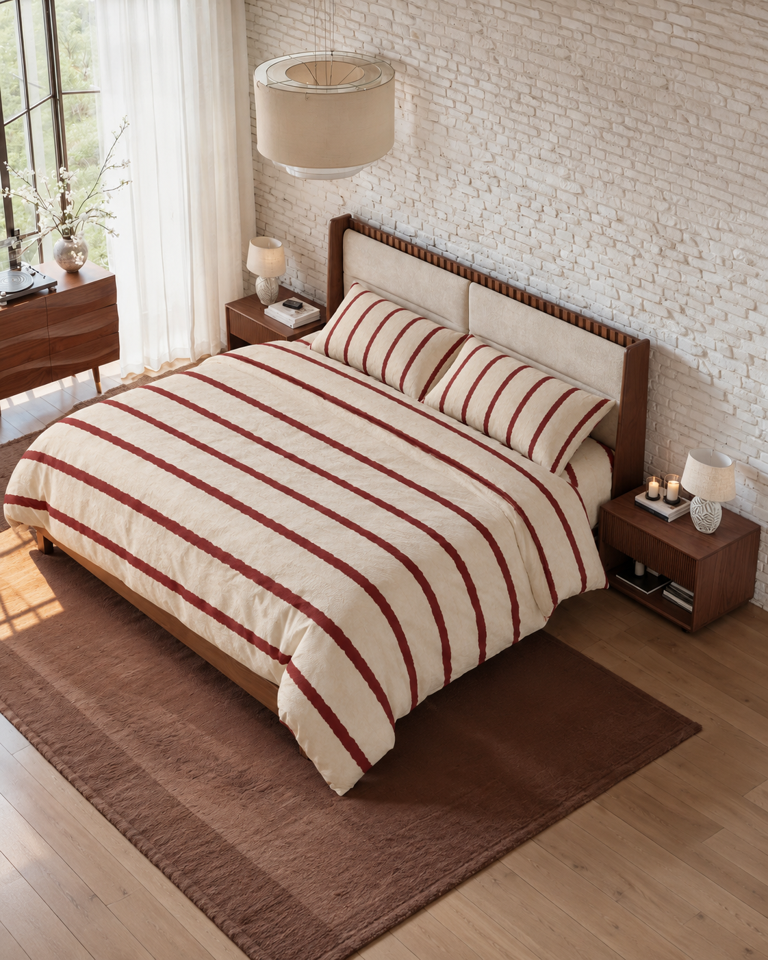 Wavy Stripe Washed Cotton Duvet Cover Set in Cherry, made bed seen from above