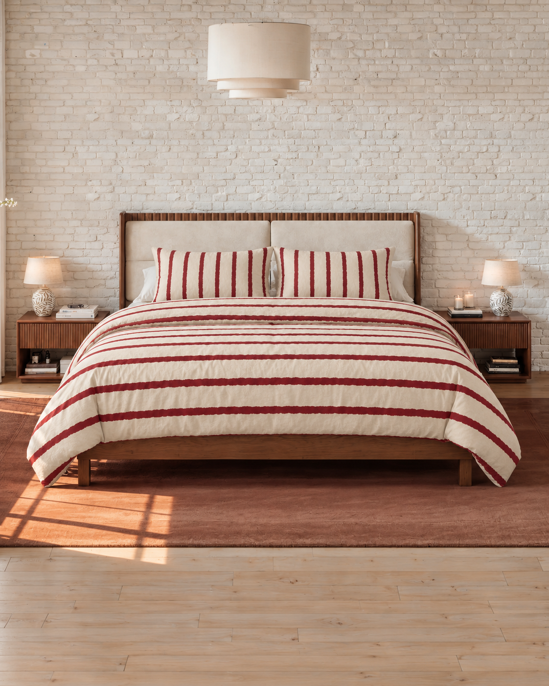 Wavy Stripe Washed Cotton Duvet Cover Set in Cherry, bedroom view