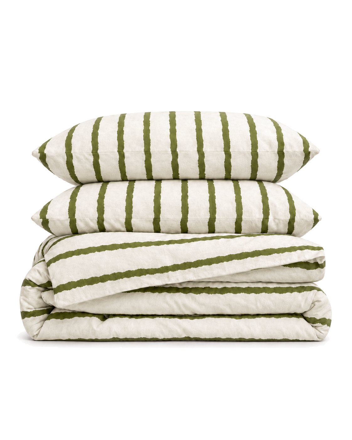 Wavy Stripe Washed Cotton Duvet Cover Set in Olive, folded with its shams