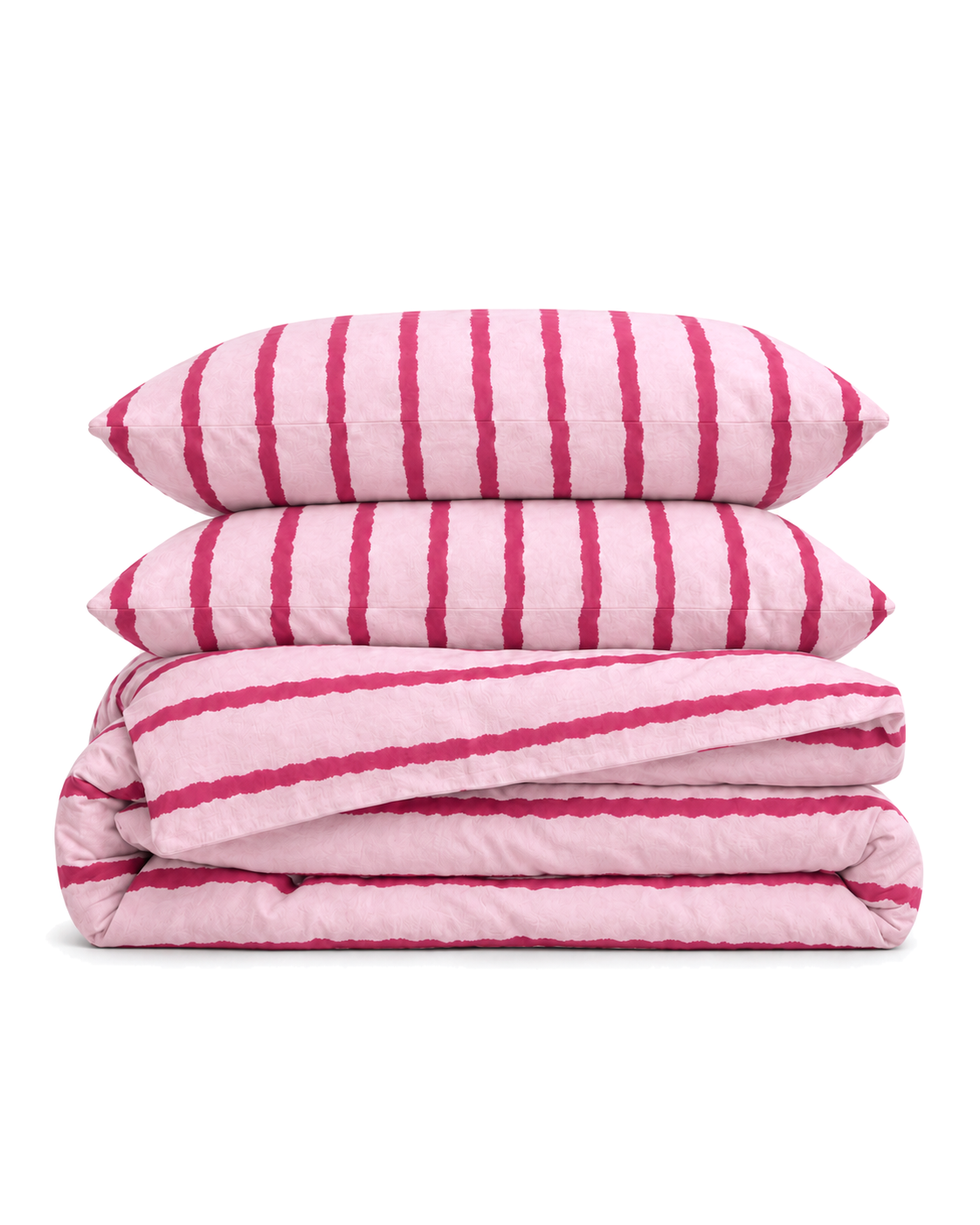 Wavy Stripe Washed Cotton Duvet Cover Set in Rose, folded with its shams