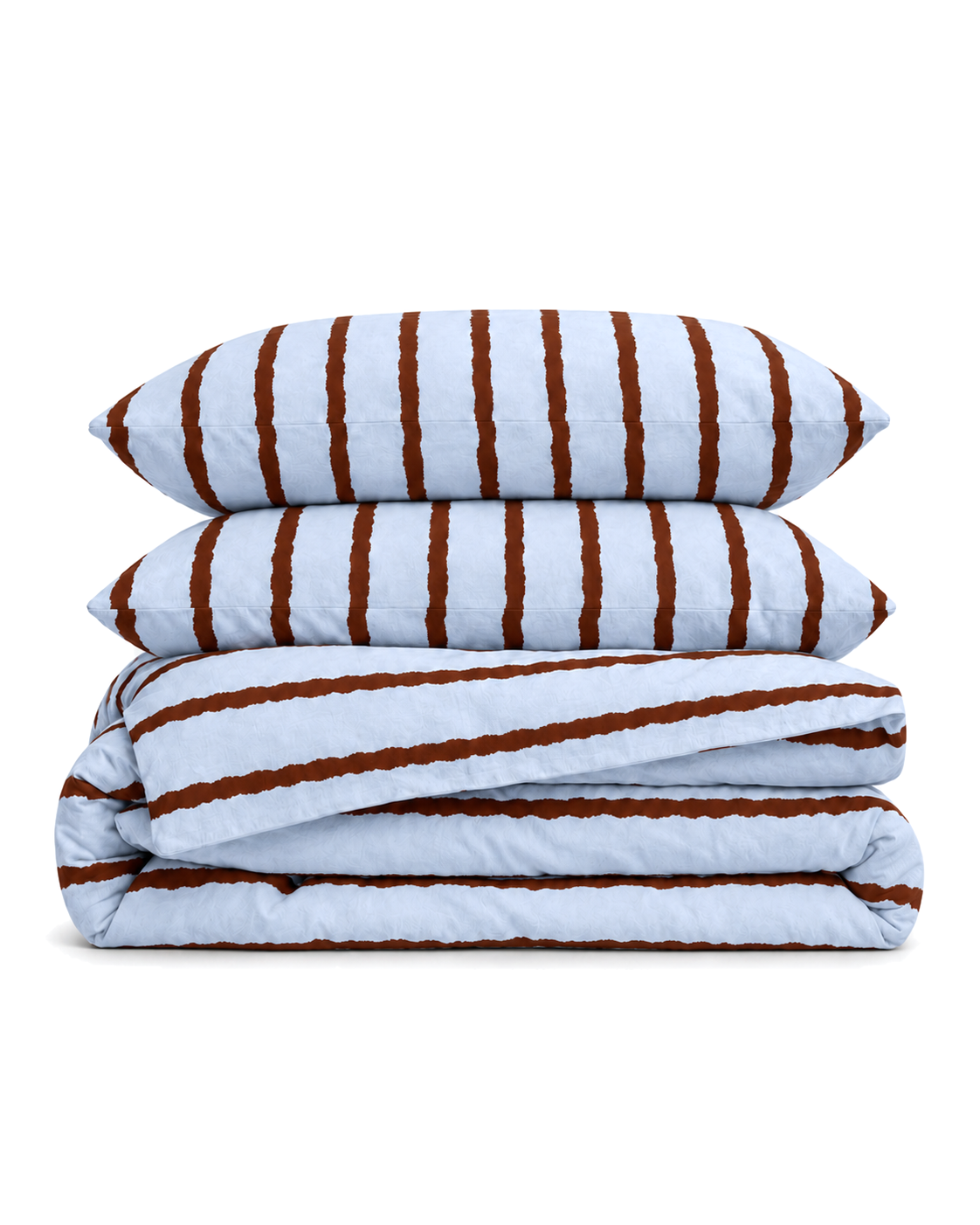 Wavy Stripe Washed Cotton Duvet Cover Set in Sky Blue, folded with its shams