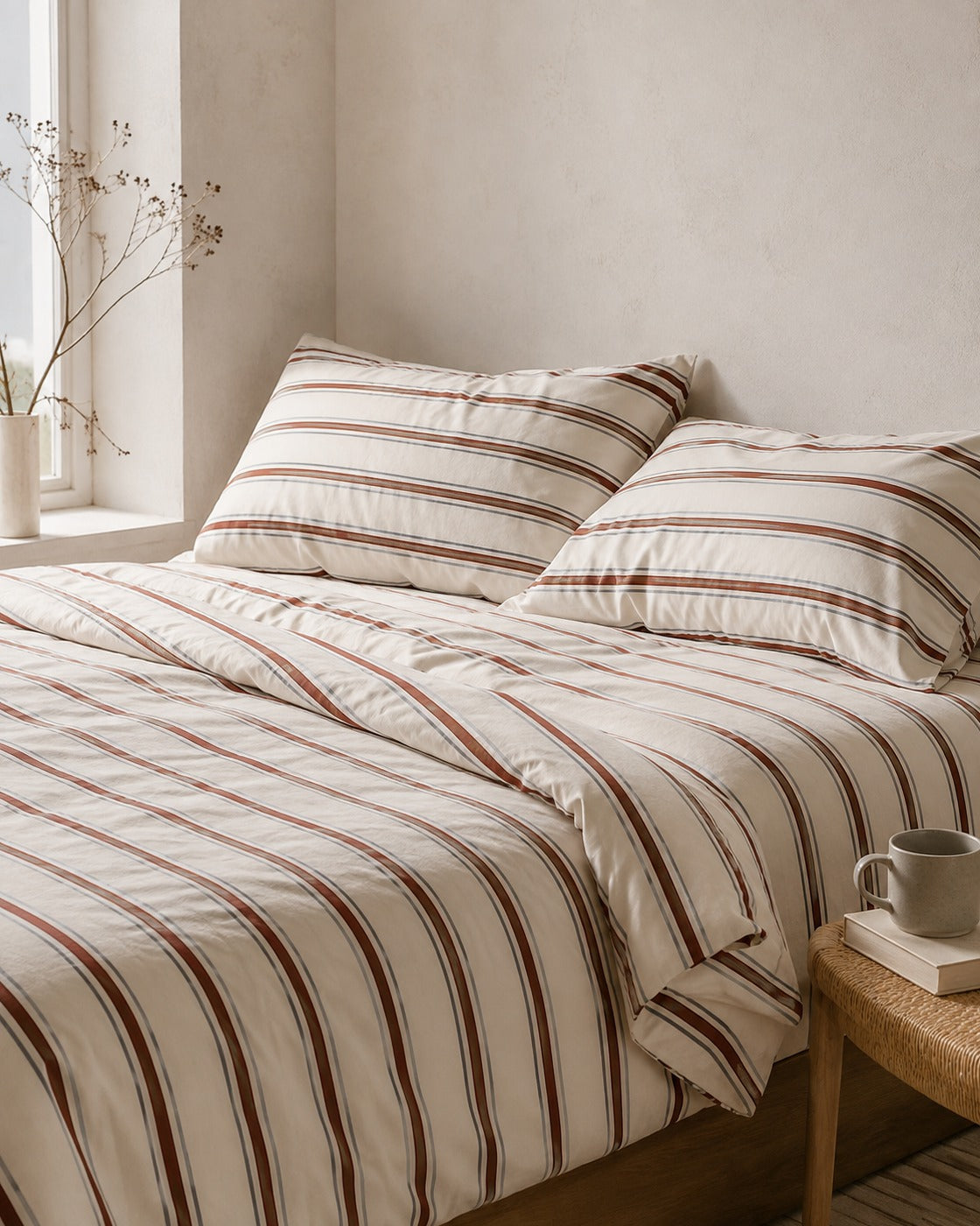 Woven Stripe Duvet Set — on a made bed, morning light