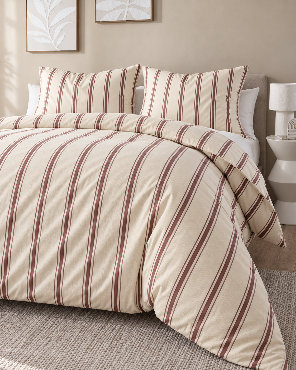 Woven Stripe Duvet Cover Set, on a made bed in morning light
