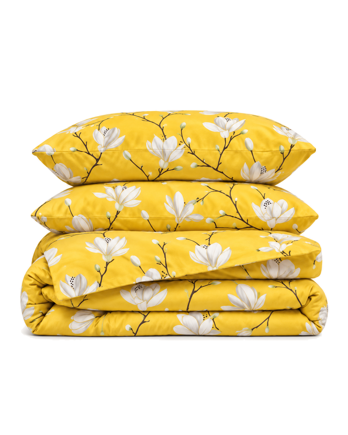 Yellow Magnolia Cotton Sateen Duvet Cover Set, folded with its shams