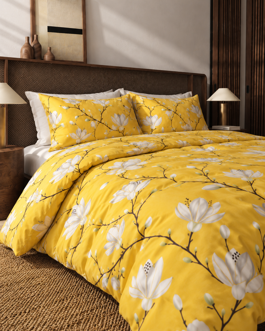 Yellow Magnolia Cotton Sateen Duvet Cover Set, made bed seen from above