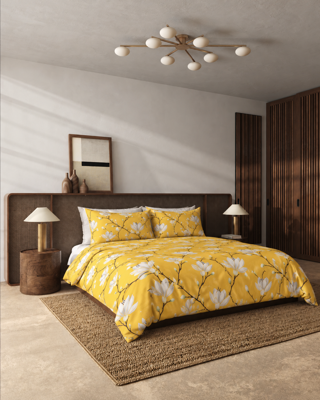 Yellow Magnolia Cotton Sateen Duvet Cover Set, bedroom view
